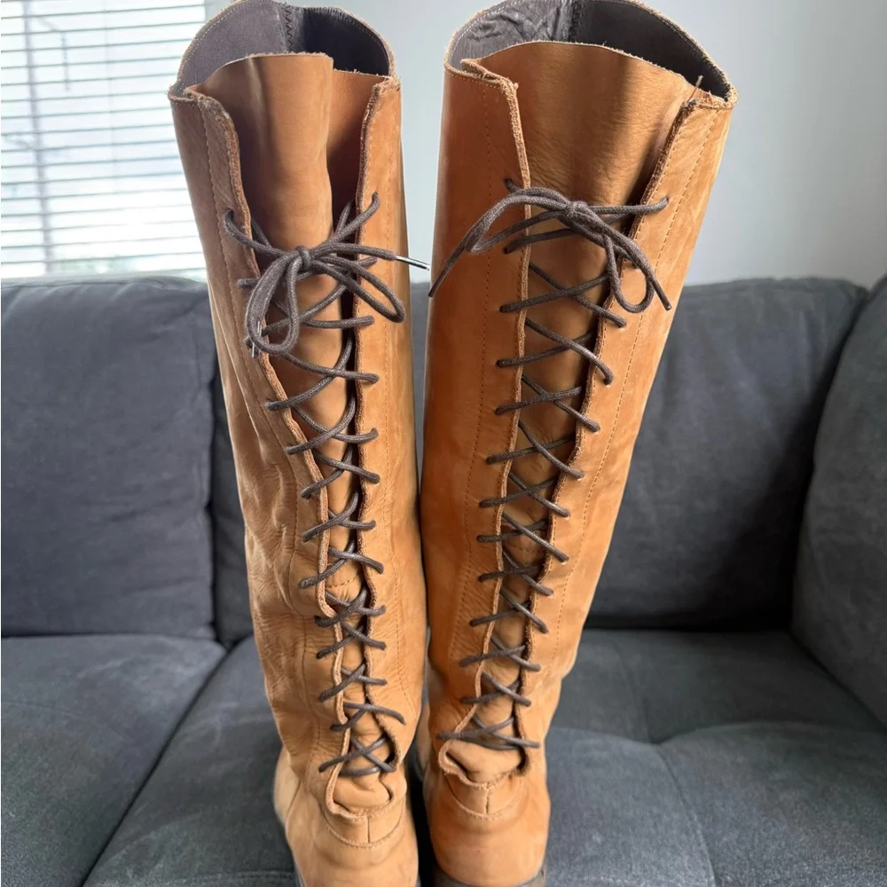 Sundance Tall Lace-Back Suede Boots in Tan